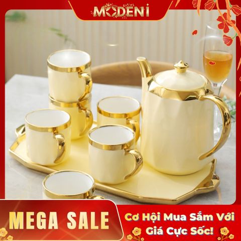  Bộ Ấm Trà Shein Gốm Sứ Cao Cấp Màu Kem Viền Vàng Sang Trọng Kèm Khay Đựng Hiện Đại 