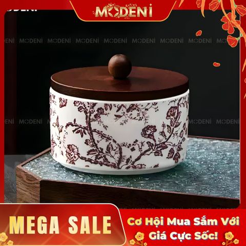  Lọ Đựng Palm Màu Đỏ – Hũ Sứ Nắp Gỗ Đựng Trà Bánh Kẹo – Hoa Văn Cổ Sang Trọng Vintage – Decor Tủ Kệ Đậm Gu 