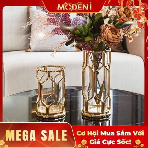  Hexagon Gold – Bình Hoa Thủy Tinh Lục Giác Ánh Vàng Hiện Đại Sang Trọng Cho Bàn Sofa & Console 