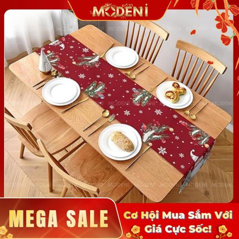  Khăn Table Runner Christmas Mr.Claus Red – Santa & Forest Scene, Dài 3m, Decor Giáng Sinh Ấm Cúng 