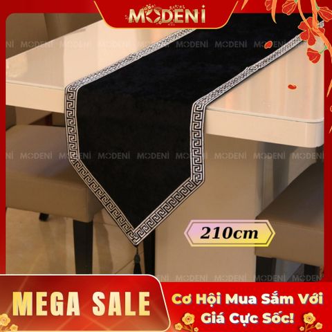 Khăn Trải Bàn Ravena – Vải Polyester Nhung Đen, Viền Họa Tiết Hy Lạp – Dài 210cm – Khăn Trải Bàn Sang Trọng Cho Không Gian Hiện Đại 