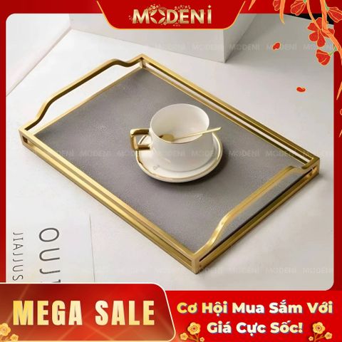  Khay Chữ Nhật Delilah – Khay Decor Bàn Sofa Sang Trọng – Khung Mạ Vàng + Mặt Vân Da Xám – Phù Hợp Không Gian Hiện Đại 