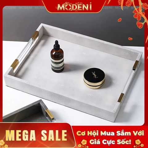  Khay Godiva Trắng Xám – Khay Decor Da Hiện Đại – Tay Cầm Acrylic Viền Vàng Kim Tinh Tế, Trang Trí Bàn Sofa, Bàn Trà, Quầy Bar Sang Trọng 