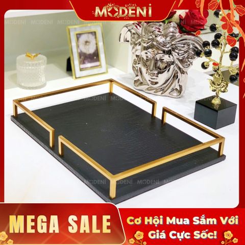  Khay Joyce Da Đen – Decor Cao Cấp Hiện Đại – Chống Trượt, Khung Kim Loại – Trang Trí Bàn Sofa, Phòng Khách 