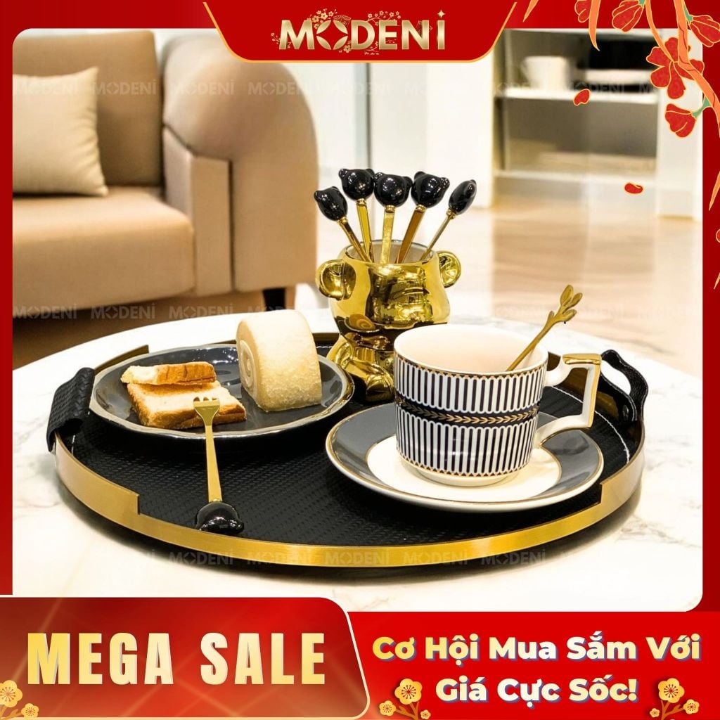 Khay Tròn Basil Cao Cấp – Kim Loại Phối Da Decor Bàn Sofa Sang Trọng – Dành Cho Phòng Khách Hiện Đại
