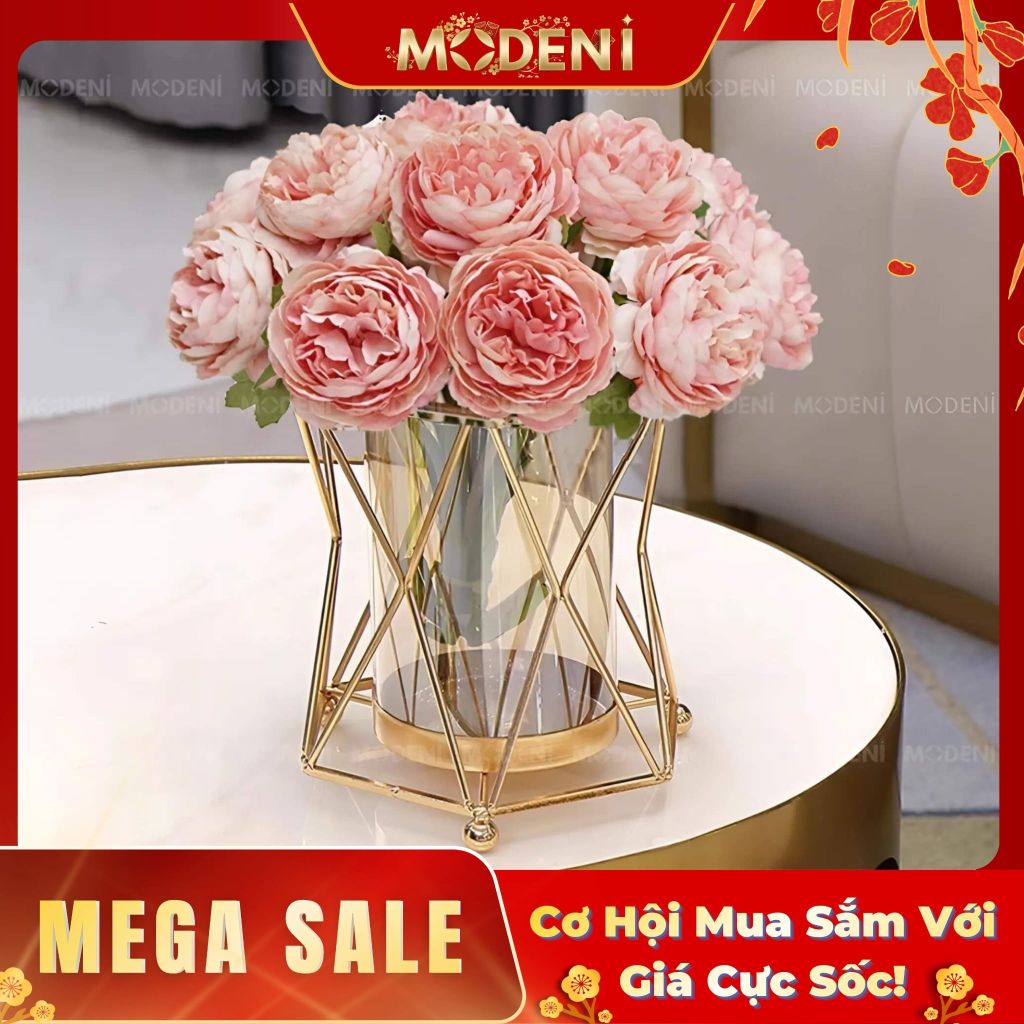 Lọ Hoa Swirling Light – Bình hoa thủy tinh decor hiện đại – Khung kim loại mạ vàng sang trọng – Kích thước 18x15cm, phù hợp bàn tiệc hoặc phòng khách