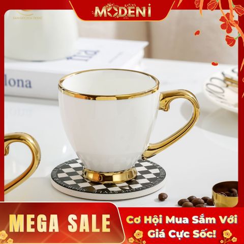  Ly Uống Trà, Nước Xavia Có Quai Màu Trắng Viền Vàng Sang Trọng Phong Cách Châu Âu 