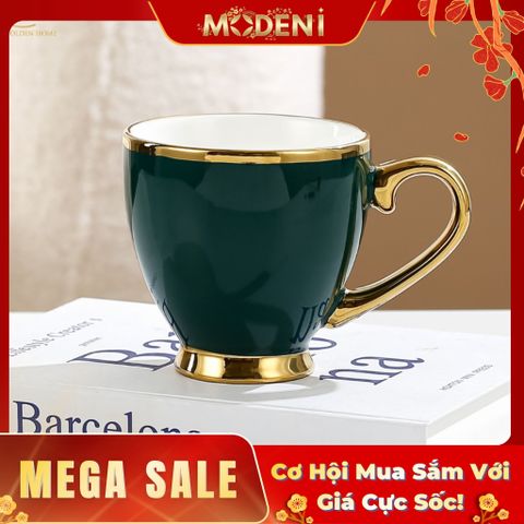  Ly Uống Trà, Nước Xavia Có Quai Màu Xanh Emerald Viền Vàng Sang Trọng Phong Cách Châu Âu 