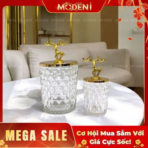  Set 2 Lọ Đựng Kẹo Thuỷ Tinh Patronus Cao Cấp – Nắp Tuần Lộc Mạ Vàng, Sang Trọng, Dùng Decor & Bàn Tiệc 