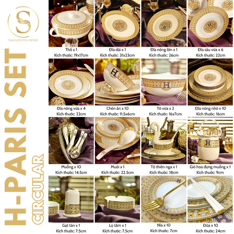  Bộ Chén Bát Đĩa Sứ Xương H-Paris (Tròn) - Bộ 70 Món Cao Cấp Viền Vàng 