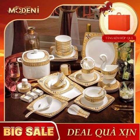  Bộ Chén Bát Đĩa Sứ Xương H-Paris (Vuông) - Bộ 70 Món Cao Cấp Viền Vàng 