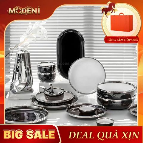  Bộ Chén Đĩa Adelaide Đen Sứ Tráng Men Cao Cấp – Tông Đen Ánh Bạc Sang Trọng – Dành Cho Gia Đình, Tiệc & Quà Tặng Đẳng Cấp 