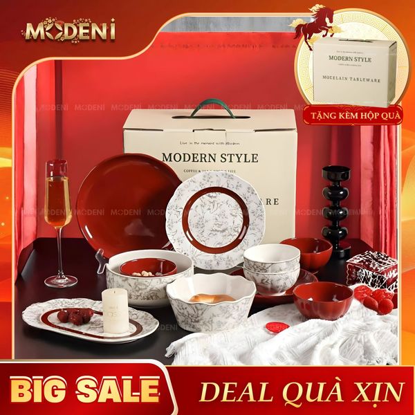  Bộ Chén Đĩa Briona Cao Cấp – Bát Đĩa Sang Trọng Phối Đỏ Rượu Vang – Phù Hợp Bàn Ăn Gia Đình Hiện Đại 