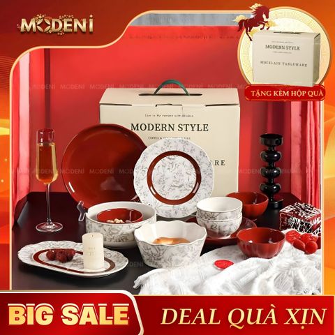  Bộ Chén Đĩa Briona Cao Cấp – Bát Đĩa Sang Trọng Phối Đỏ Rượu Vang – Phù Hợp Bàn Ăn Gia Đình Hiện Đại 