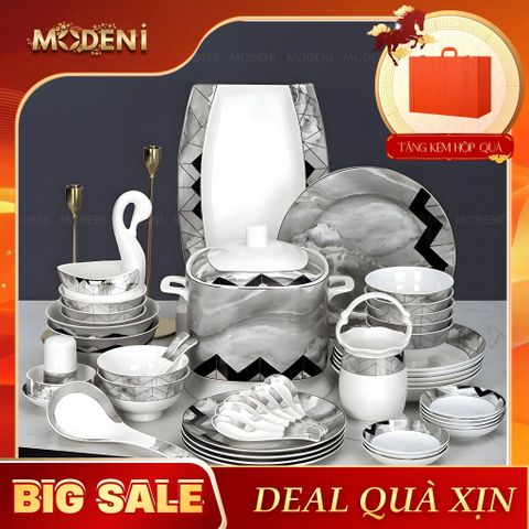  Bộ Chén Đĩa Noble Sứ Xương Trong Suốt Men Nano-Polymer Họa Tiết Đá Cẩm Thạch Cho Bàn Ăn Hiện Đại Sang Trọng 