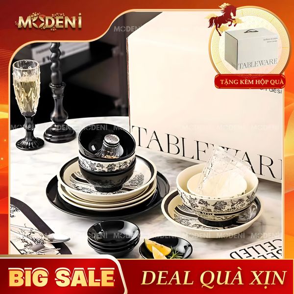  Bộ Chén Đĩa Sứ Trắng Đen Cao Cấp Dioria Nghệ Thuật In Chìm – Phong Cách Cổ Điển Đậm Chất Âu – Phù Hợp Bàn Ăn Gia Đình & Quà Tặng Sang Trọng 