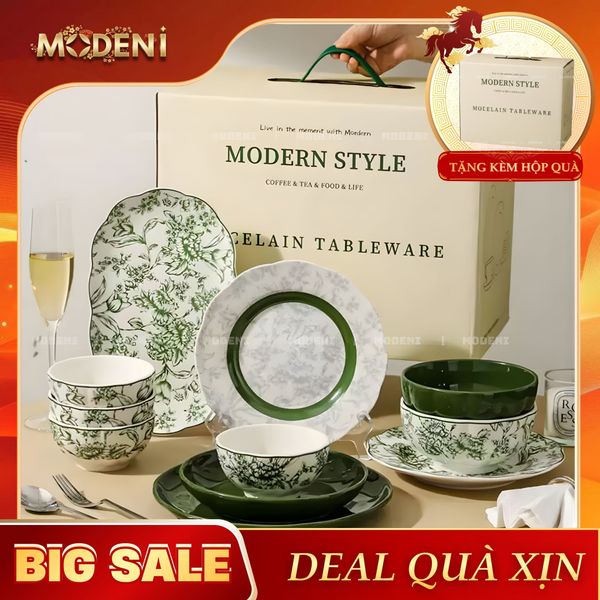  Bộ Chén Đĩa Sứ Trang Men Cao Cấp Farley – Họa Tiết Hoa Lá Trang Nhã – Dành Cho Bàn Ăn Hiện Đại, Tiếp Khách Và Quà Tặng Sang Trọng 