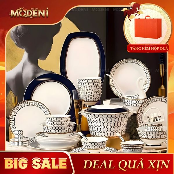 Bộ Chén Đĩa Sứ Xương Cao Cấp Aurelius – Họa Tiết Vòng Liên Hoàn Vàng Kim Trên Nền Xanh Navy Sang Trọng, Tôn Vinh Nghệ Thuật Bàn Tiệc Tinh Tế 