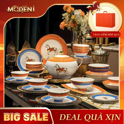  Bộ Chén Đĩa Sứ Xương Cao Cấp Cavalier – Biểu Tượng Của Tinh Thần Quý Tộc Châu Âu, Pha Trộn Sắc Cam Hoàng Gia Và Lam Cổ Điển Đầy Quyền Lực Cho Bàn Tiệc Sang Trọng 