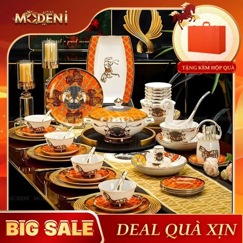 Bộ Chén Đĩa Sứ Xương Cao Cấp Cavalla – Họa Tiết Ngựa Quý Sang Trọng, Sắc Cam Hermes Biểu Trưng Cho Phong Cách Sống Thượng Lưu Trên Bàn Tiệc Sang Trọng 