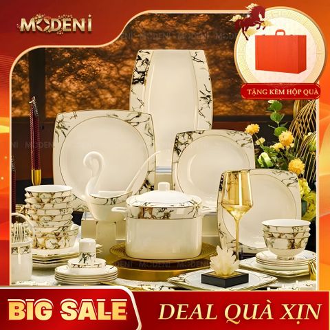  Bộ Chén Đĩa Sứ Xương Cao Cấp Marva – Họa Tiết Vân Đá Cẩm Thạch Phối Viền Vàng Kim, Biểu Tượng Của Sự Thanh Lịch Và Quyền Quý Trên Bàn Tiệc Sang Trọng 