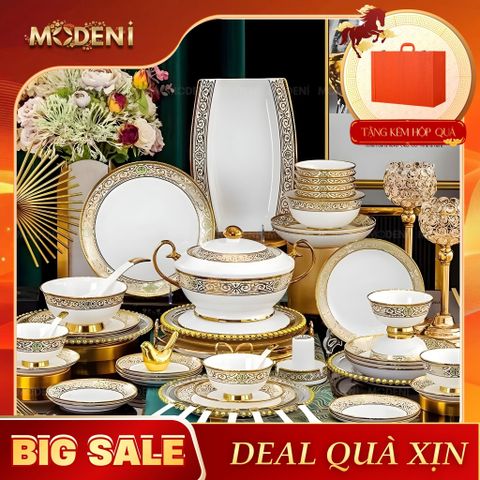  Bộ Chén Đĩa Sứ Xương Cao Cấp Polar – Họa Tiết Hoàng Gia Châu Âu Phối Vàng Kim Và Xanh Ngọc, Biểu Trưng Cho Sự Thịnh Vượng Và Đẳng Cấp Trên Bàn Tiệc Sang Trọng 