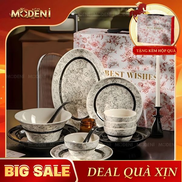  Bộ Chén Đĩa Sứ Tráng Men Cao Cấp Roseline – Họa Tiết Hoa Hồng Pháp Cổ Điển, Tông Đen Trắng Thanh Lịch Chuẩn Bàn Tiệc Parisian Chic 