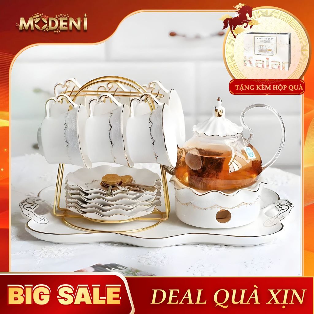 Bộ Ấm Trà Alice Sứ Tráng Men/Thủy Tinh Cao Cấp Kèm Khay Đựng Đế Nến Giữ Nhiệt Sang Trọng Phong Cách Châu Âu