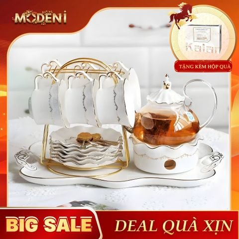  Bộ Ấm Trà Alice Sứ Tráng Men/Thủy Tinh Cao Cấp Kèm Khay Đựng Đế Nến Giữ Nhiệt Sang Trọng Phong Cách Châu Âu 