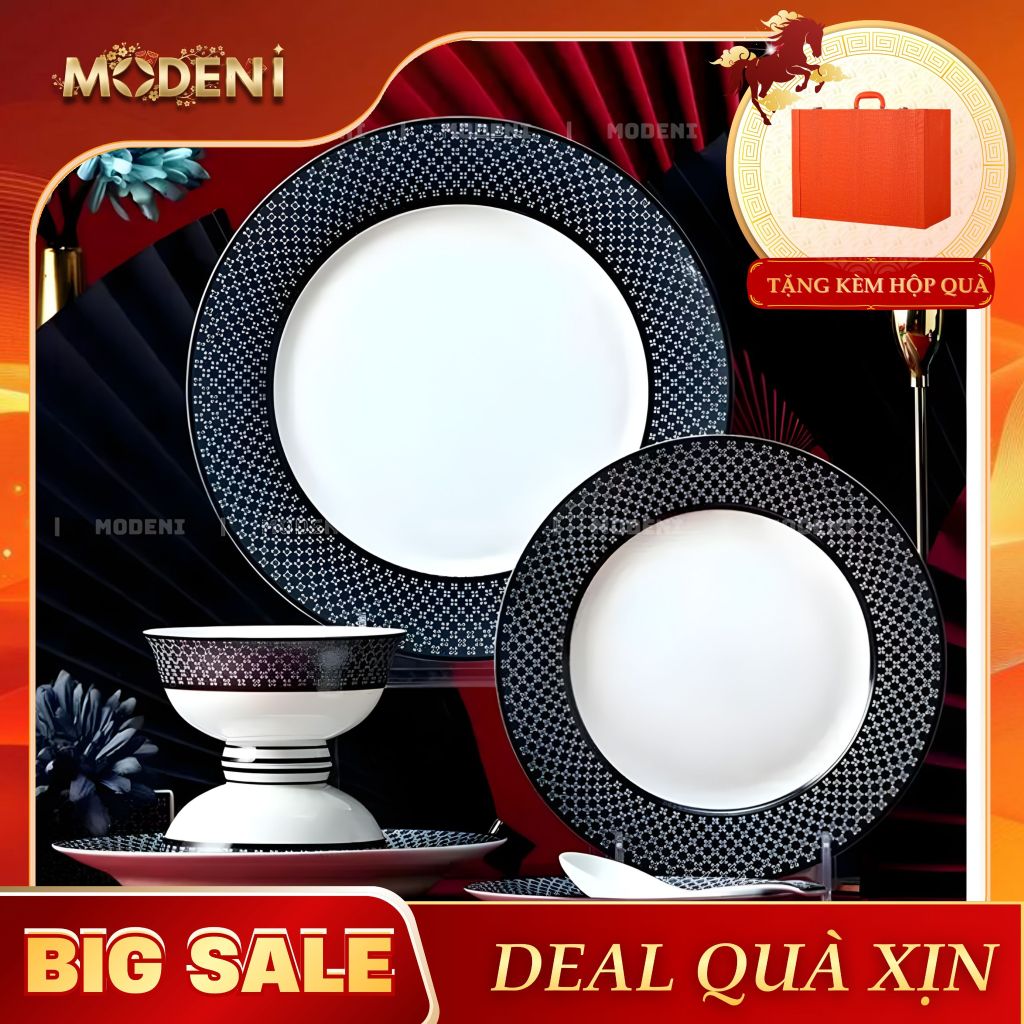 Bộ Chén Đĩa Sứ Xương Hailey Cao Cấp Viền Đen Họa Tiết Lưới Sang Trọng - Cho Bàn Ăn Hiện Đại & Tiếp Khách
