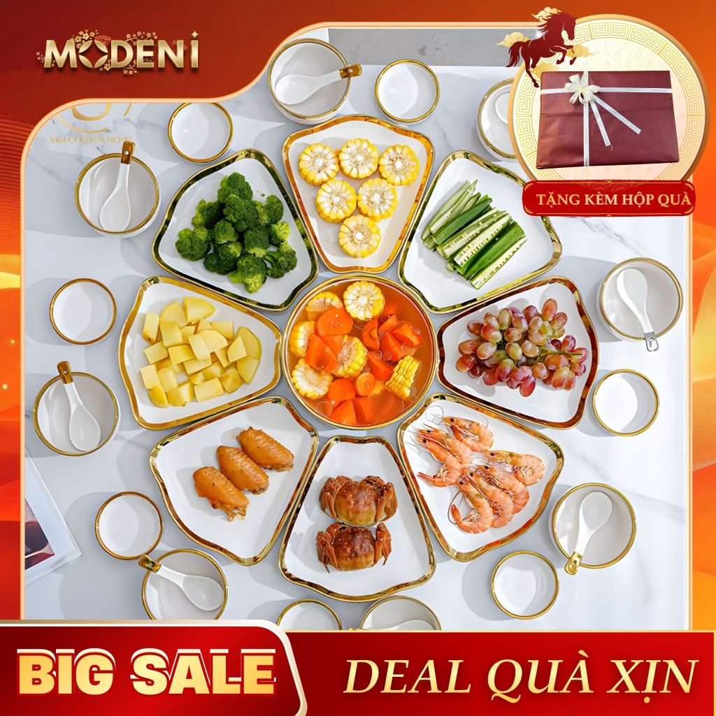 Bộ Tô Chén Đĩa Daffy Gốm Sứ Cao Cấp Viền Vàng Sang Trọng 49 Món