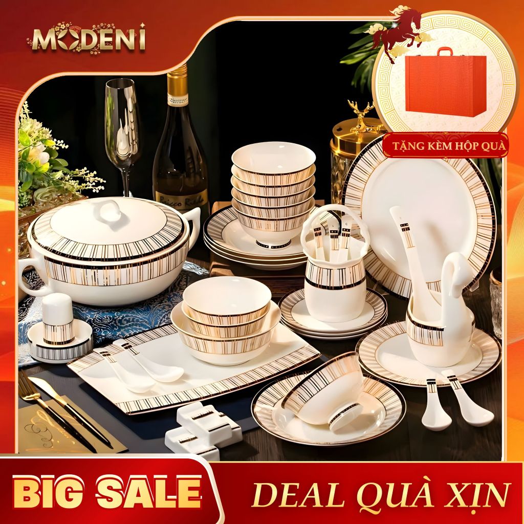 Bộ Tô Chén Đĩa Segesta Gốm Sứ Cao Cấp Viền Vàng Sang Trọng - Bộ 60 Món Làm Quà Tặng Tân Gia Ý Nghĩa