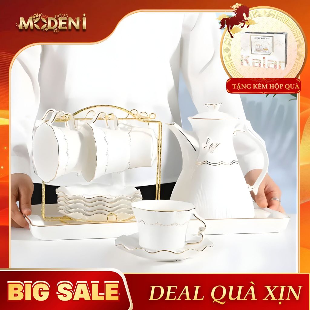 Bộ Ấm Trà Lisa Sứ Tráng Men Cao Cấp Kèm Khay Đựng Sang Trọng Phong Cách Châu Âu