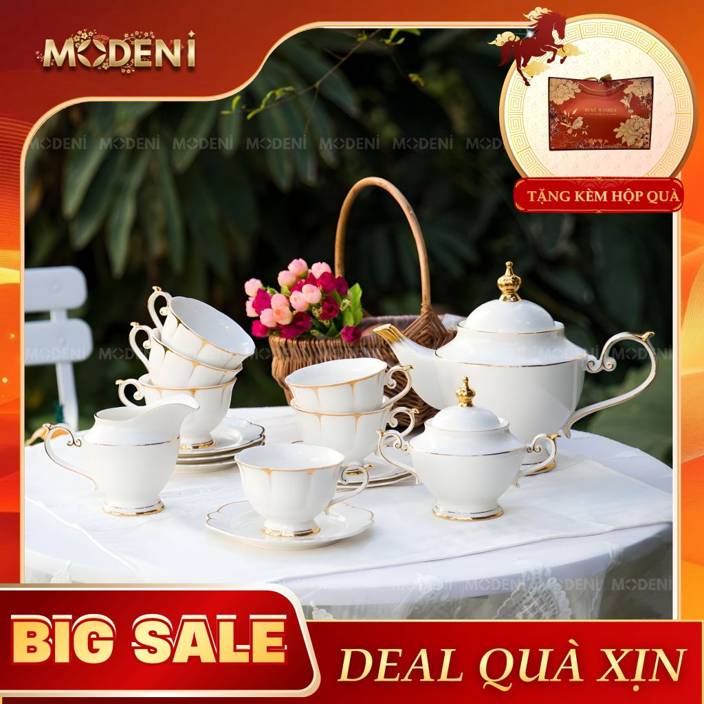 Viora – Bộ Trà Sứ Cao Cấp 21 Món Phong Cách Hoàng Gia – Gồm Ấm Trà, Bình Đường, Bình Sữa, 6 Ly – Decor Villa hoặc Quà Tặng Sang Trọng