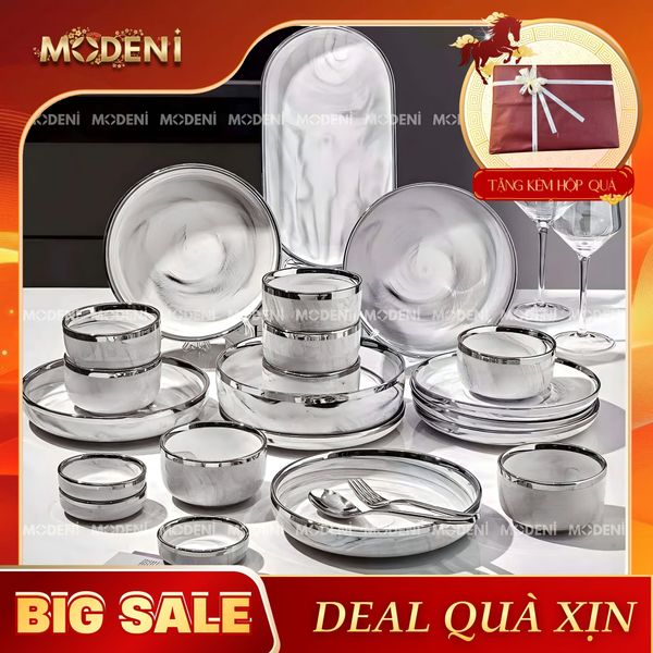  Bộ Chén Đĩa Sứ Campalia Trắng Vân Khói Viền Bạch Kim Cao Cấp – Sang Trọng Cho Bàn Ăn Hiện Đại 