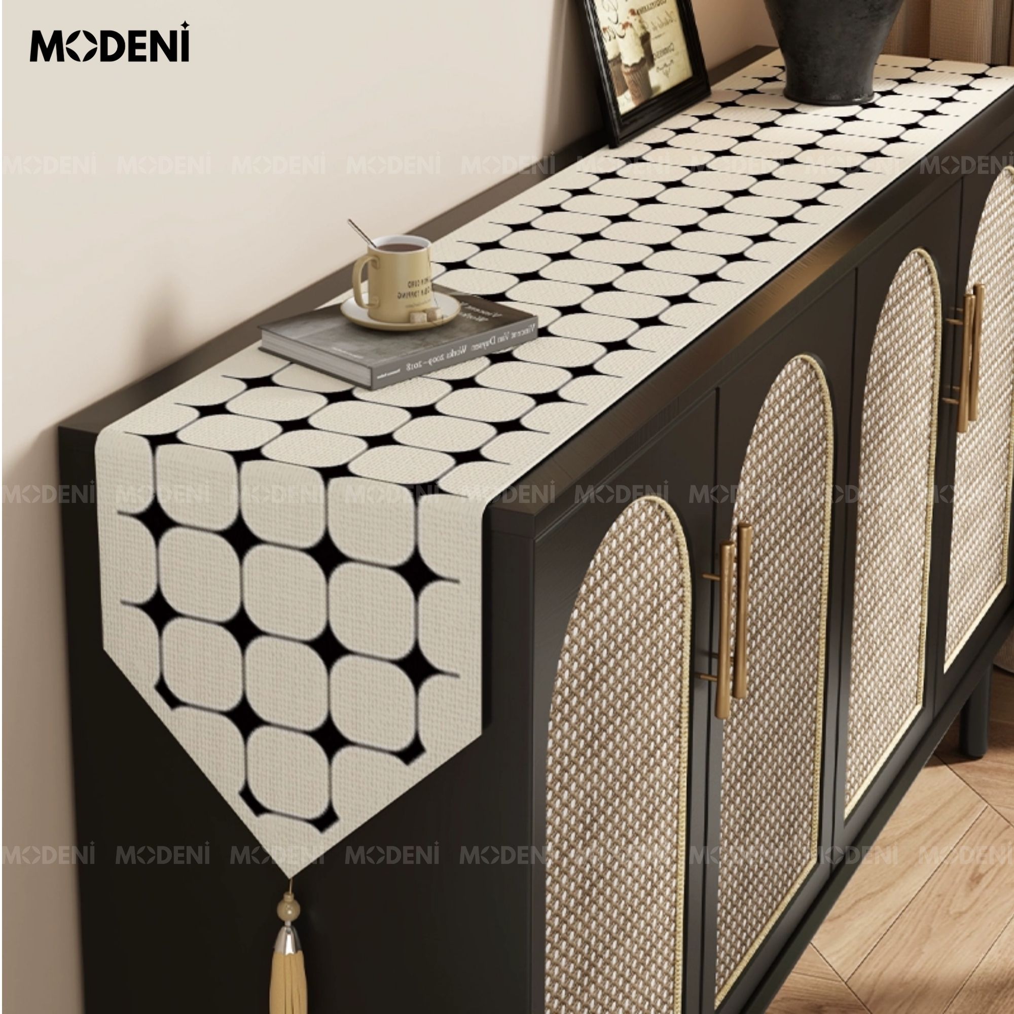  Nomalist – Khăn Trang Trí Bàn Kệ Họa Tiết Hình Học – Table Runner Đen Trắng 200cm – Phong Cách Hiện Đại Tối Giản Có Gu 