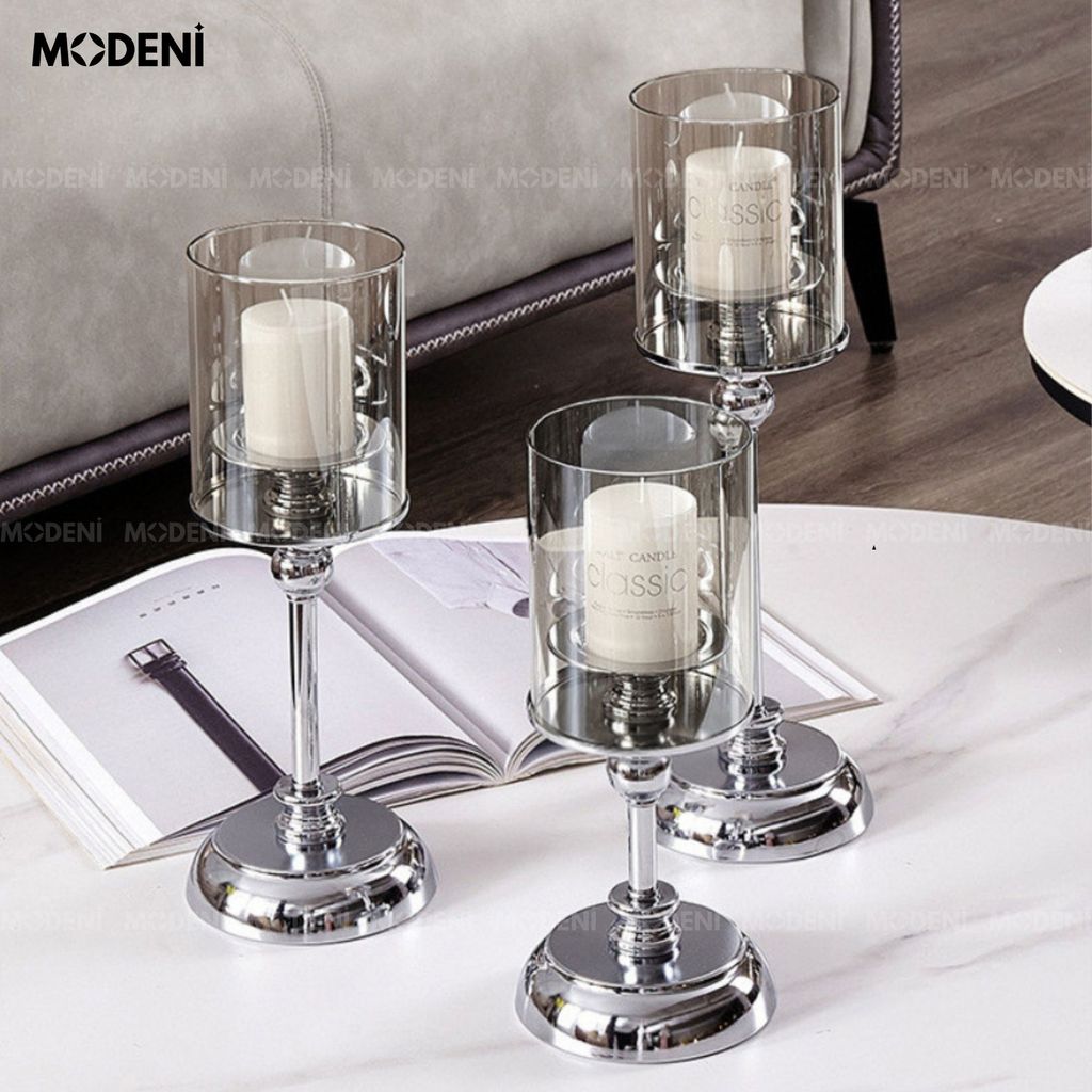 Set 3 Chân Nến Thủy Tinh Silver Retage Cổ Điển Châu Âu Sang Trọng