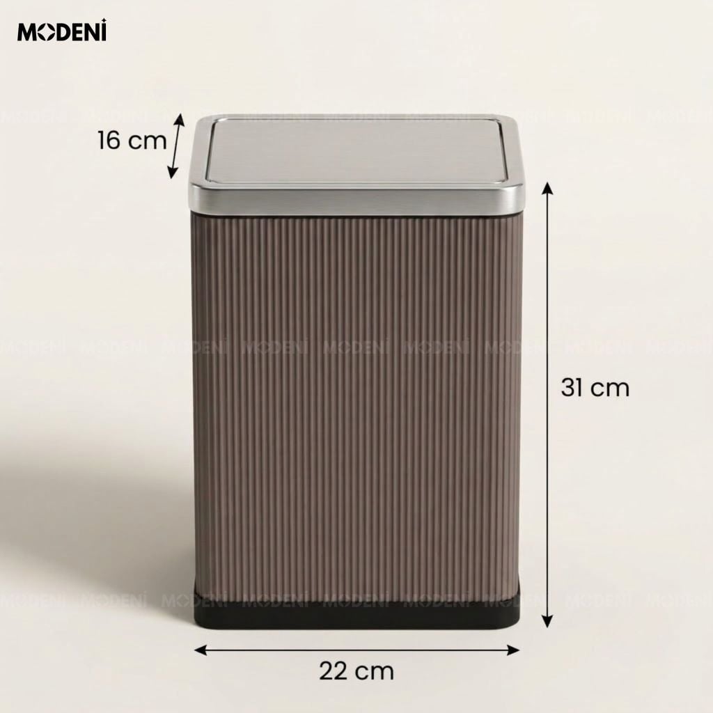Thùng Rác Nắp Lật Sterling Bọc Da Khung Kim Loại Bạc Tối Giản Vân Sọc Dọc Thanh Lịch Cho Bàn Làm Việc