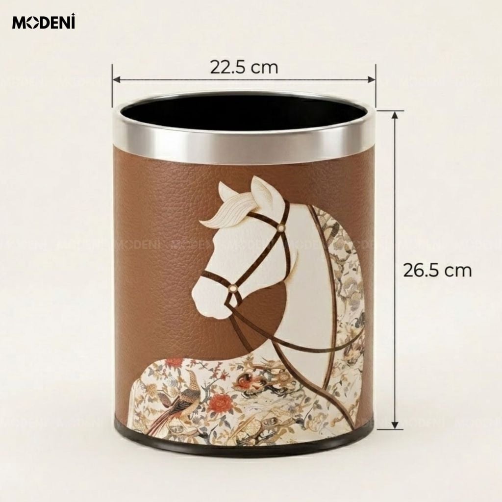 Thùng Rác Decor Cavallo Kim Loại Phối Da Cao Cấp Nghệ Thuật Hoàng Gia Nổi Bật Bức Họa Bạch Mã Khung Gold Cho Không Gian Làm Việc