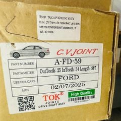 Cây láp trước bên phải (Driver Side) cho Ford EcoSport động cơ 1.5L số tự động đời 2014 - 2018. Hàng TOK. Thông số kỹ thuật: Răng ngoài 25, Răng trong 34, Chiều dài 987mm. Mã A-FD-59