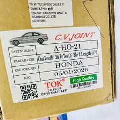 Cây láp bên phải Honda City số tự động 2014 - 2020. Hàng TOK. Thông số 26 răng ngoài, 25+2 răng trong, chiều dài 570mm. Mã A-HO-21