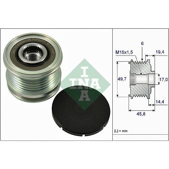 Puly máy phát điện (Alternator Pulley) Mercedes-Benz C200, C300 W204, W205, E200 E300 W212, S300, S400 W221, W222, GL, GLE, GLS W166, X166, Sprinter. Hàng OEM INA, 6 rãnh. Mã A2781500060, A6461550115, A1591500060
