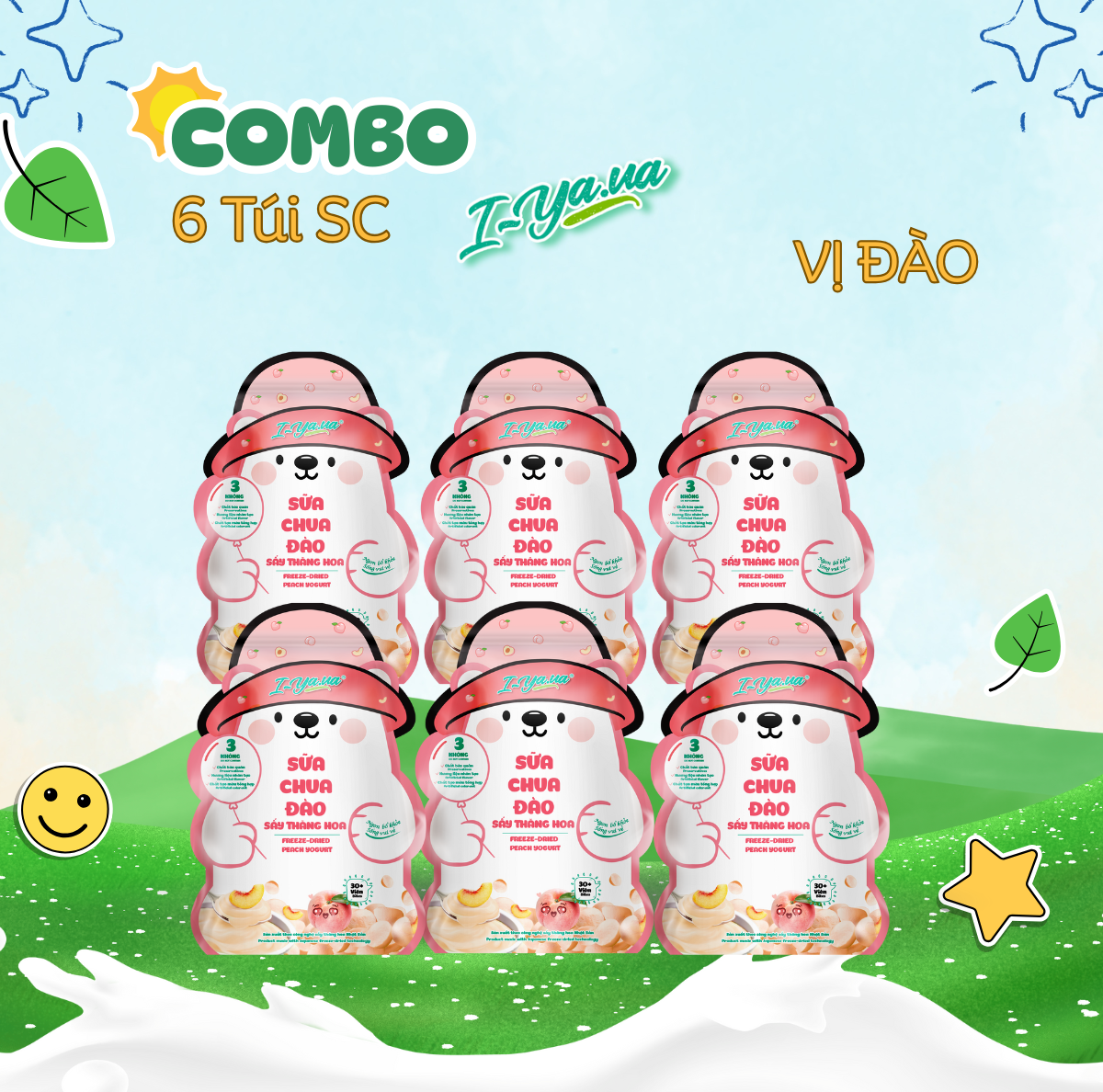 [COMBO 6 TÚI] Sữa Chua Sấy Thăng Hoa IYaua Gấu Hạt Nút Vị Đào Túi 16G