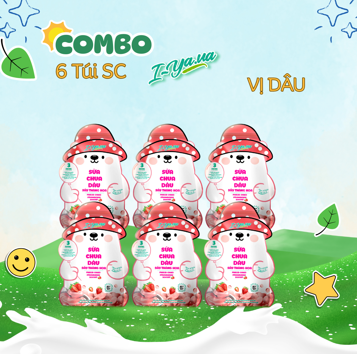 [COMBO 6 TÚI] Sữa Chua Sấy Thăng Hoa IYaua Gấu Hạt Nút Vị Dâu Túi 16G