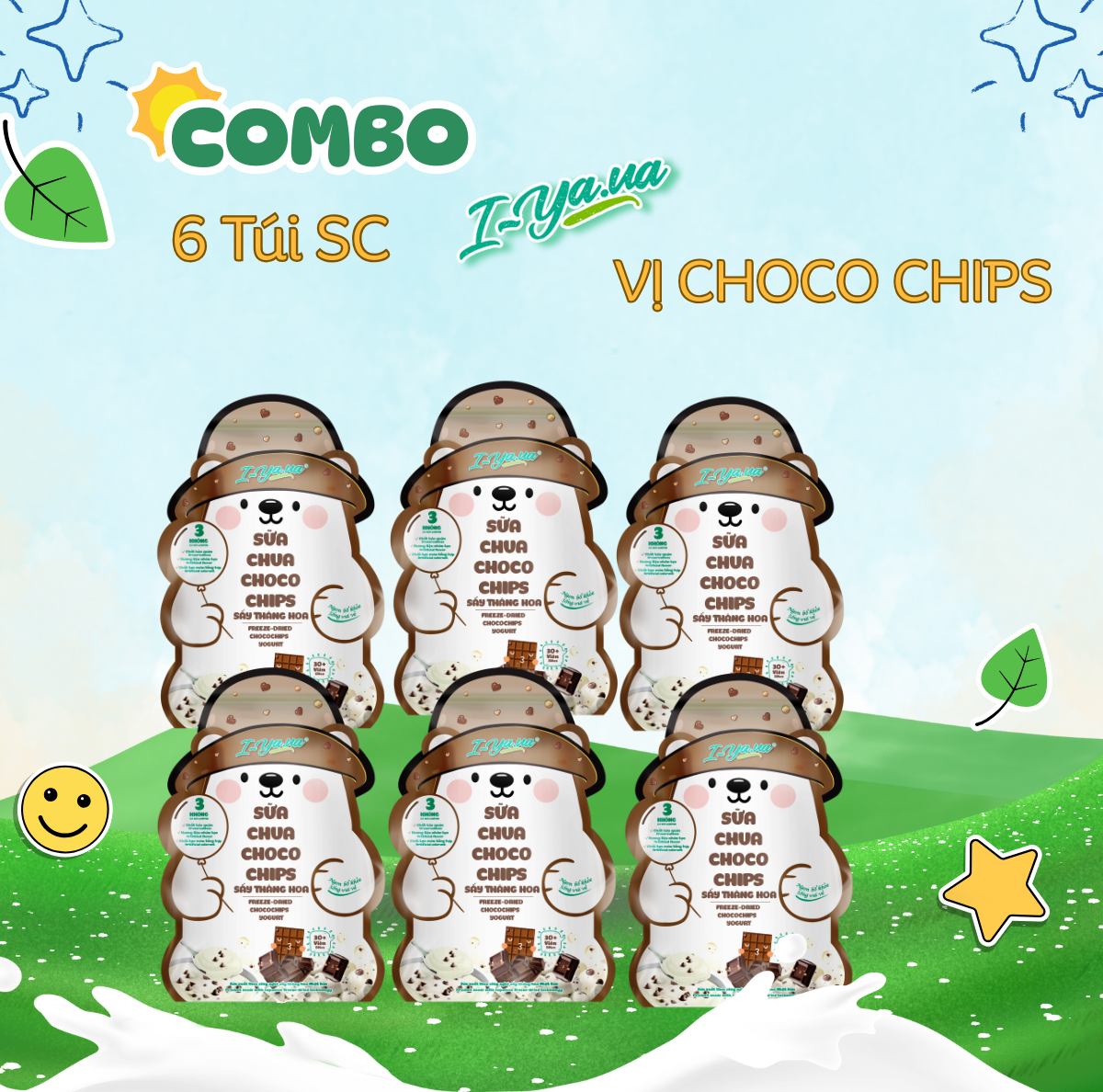 [COMBO 6 TÚI] Sữa Chua Sấy Thăng Hoa IYaua Gấu Hạt Nút Vị CHOCO CHIPS Túi 16G