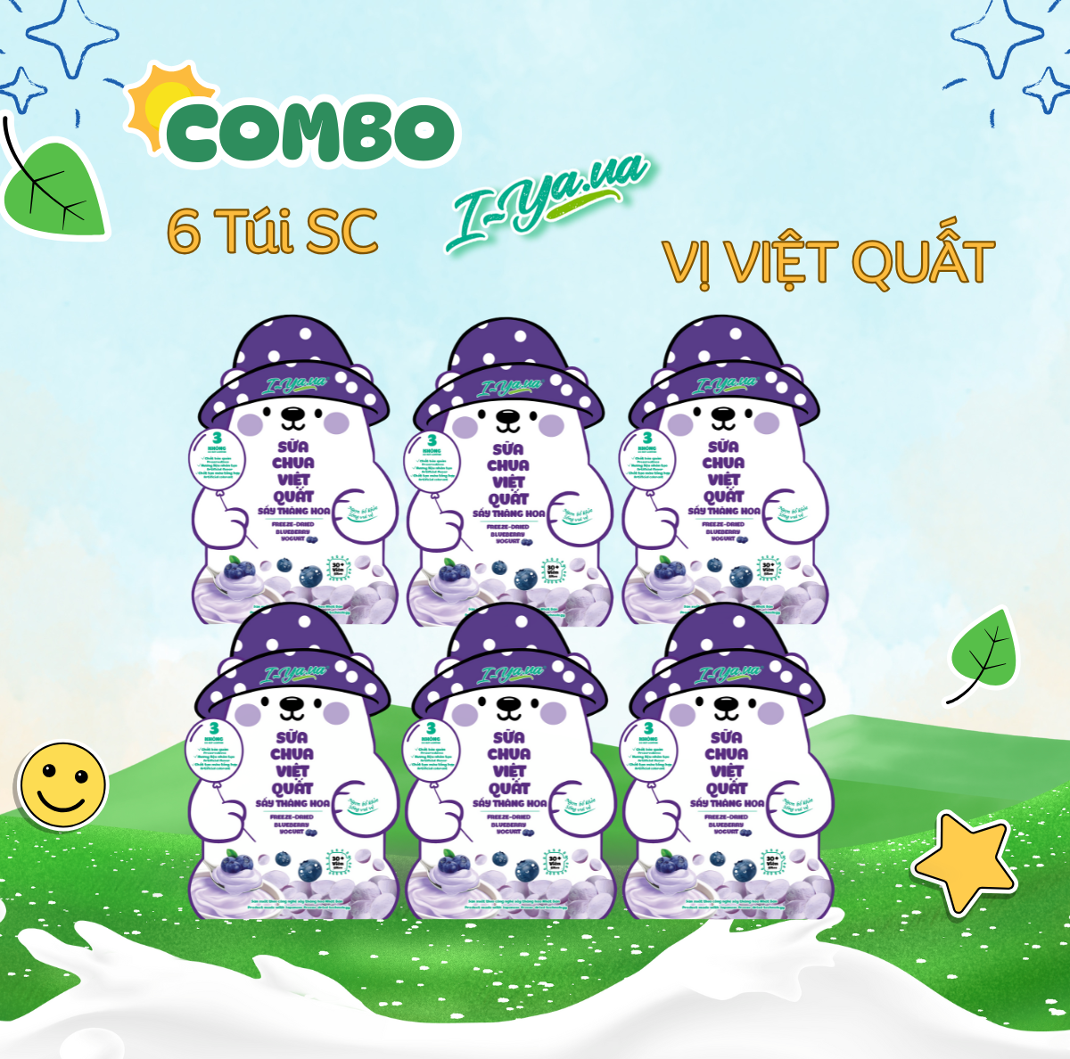 [COMBO 6 TÚI] Sữa Chua Sấy Thăng Hoa IYaua Gấu Hạt Nút Vị Việt Quất Túi 16G