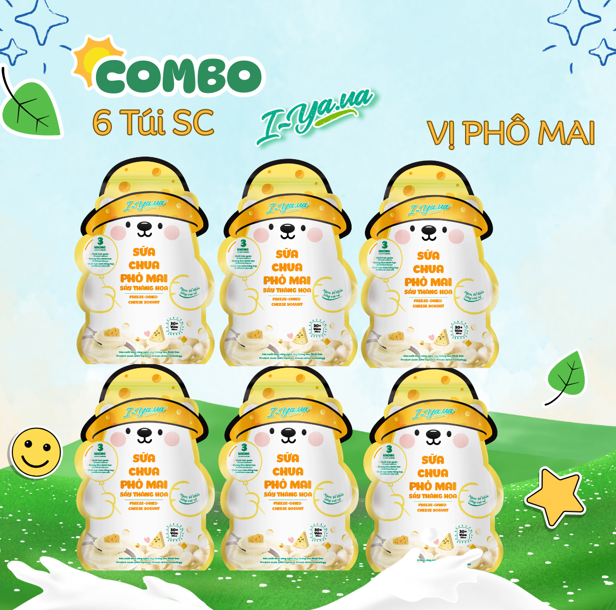 [COMBO 6 TÚI] Sữa Chua Sấy Thăng Hoa IYaua Gấu Hạt Nút Vị PHÔ MAI Túi 16G
