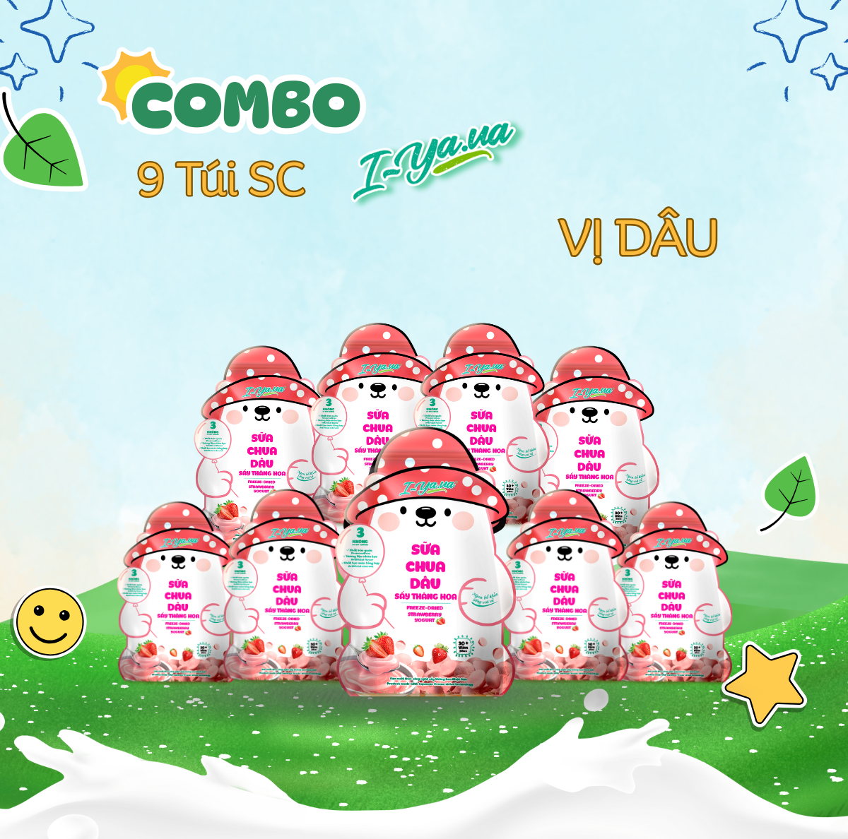 [COMBO 9 TÚI] Sữa Chua Sấy Thăng Hoa IYaua Gấu Hạt Nút Vị Dâu Túi 16G