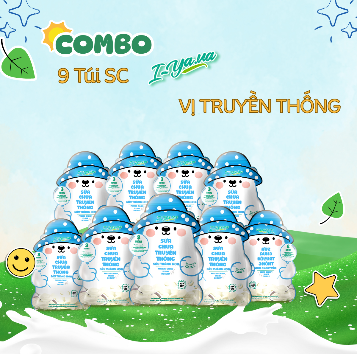 [COMBO 9 TÚI] Sữa Chua Sấy Thăng Hoa IYaua Gấu Hạt Nút Vị Truyền Thống Túi 16G