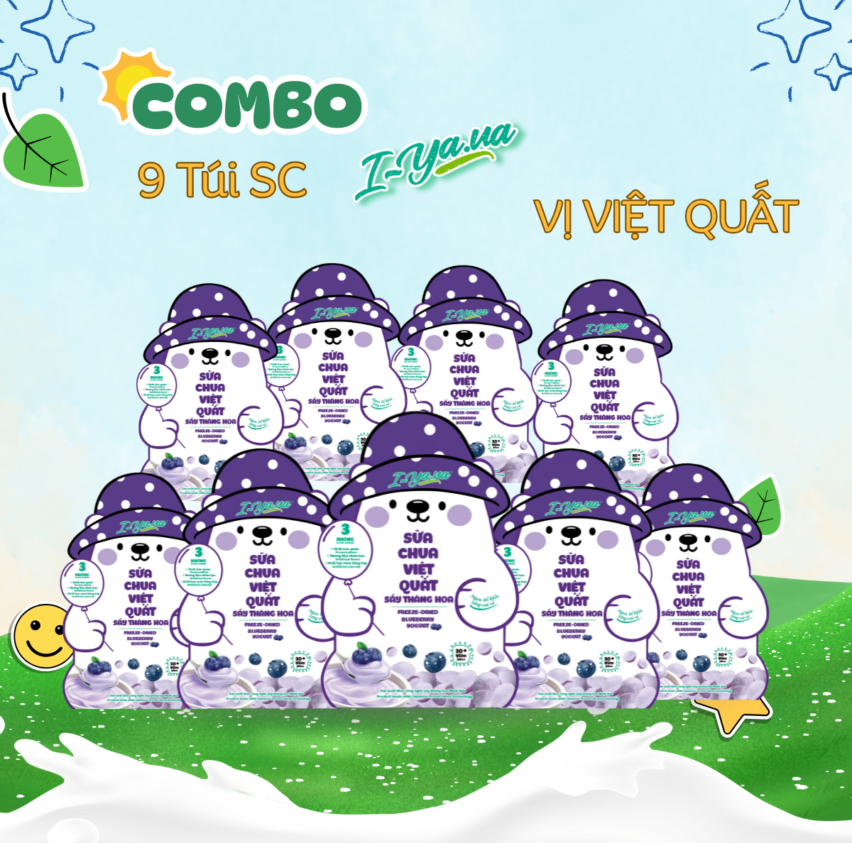 [COMBO 9 TÚI] Sữa Chua Sấy Thăng Hoa IYaua Gấu Hạt Nút Vị Việt Quất Túi 16G